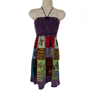India Boutique Halter Smocked Mixed Media Artsy Textured Patchwork Tube Dress